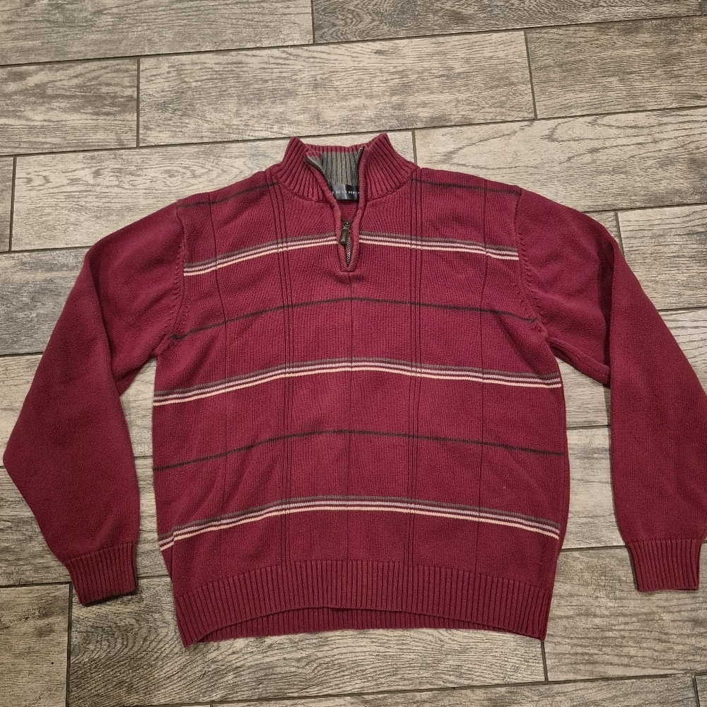 Oscar de la Renta 1/4 Zip Pullover Sweater XL Burgundy Striped 100% Cotton - Picture 4 of 6